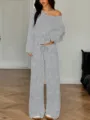 Women off shoulder knit long sleeve top and wide leg pants lounge set in grey color. - XS / Top And Bottom / Light Gray