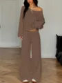 Women casual brown off-shoulder long sleeve top and wide leg pants loungewear set. - XS / Top And Bottom / Coffee Brown