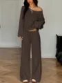 Stylish brown off shoulder long sleeve top and wide leg trousers lounge clothing set - XS / Top And Bottom / Dark Coffee