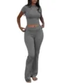 Women casual two piece workout set crew neck crop top low waist flare pants outfit - XS / Top And Bottom / Dark Gray