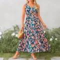 Vestido largo de verano sin mangas con cuello en V y estampado floral para mujer casual - S / Rojo Anaranjado