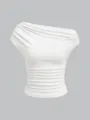Close-up detail of the white ribbed one-shoulder fabric texture and neckline design. - S / Tops / Off White