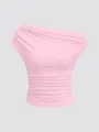 Dettaglio top rosa monospalla in maglia a coste, vestibilità slim, stile casual chic. - Taglia S / Top / Rosa chiaro