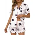 Completo pigiama corto in raso da donna con stampa fiocco abbigliamento da notte estivo - Taglia S / Top E Pantaloni / Bianco