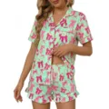Pigiama donna manica corta set verde rosa fiocco stampa risvolto bottoni abbigliamento notte - Taglia S / Top E Pantaloni / Verde chiaro