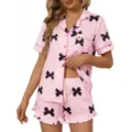 Completo pigiama rosa carino con stampa fiocco per donna, camicia a maniche corte e pantaloncini. - Taglia S / Top E Pantaloni / Rosa chiaro