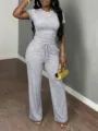 Women grey short sleeve crop top and wide leg sweatpants two piece lounge set casual Y2K - XS / Top And Bottom / Light Gray