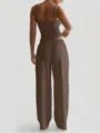 Brown camisole crop top and wide-leg lounge pants set, casual women's summer two-piece outfit - XS / Top And Bottom / Coffee Brown