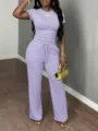 Lavender two-piece set detail, short sleeve crop top and wide leg pants for casual daily wear. - XS / Top And Bottom / Light Purple