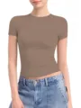 Camiseta básica ajustada de manga corta y cuello redondo liso para mujer top informal de verano - S / Tops / Caqui