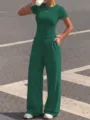 Dark green short sleeve top and wide leg pants set casual two piece outfit for women. - XS / Top And Bottom / Dark Green