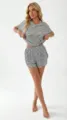 Detailed view of women's knit striped short sleeve top and shorts lounge set for cozy wear. - S / Top And Bottom / Black Stripe