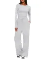 Women solid color long sleeve top high waist wide leg pants casual lounge set outfit - S / Top And Bottom / Light Gray