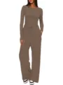 Close-up detail view of the soft brown long sleeve top and wide leg pants loungewear set. - S / Top And Bottom / Light Coffee