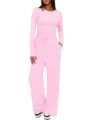 Gros plan détaillé du haut d'intérieur rose à manches longues et du pantalon large. - XS / Haut et Bas / Rose Clair