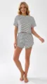 Detail showcase of a chic black and white striped knit pajama set with comfy shorts. - S / Top And Bottom / Gray Striped