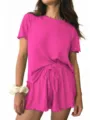 Women ribbed knit pajama set featuring short sleeve top and drawstring shorts detail. - S / Rose Red