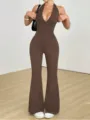 Women Sexy Deep V Halter Jumpsuit Solid Color Bodycon Flare Leg Romper Summer Clubwear - XS / Top And Bottom / Coffee Brown