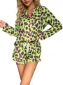 Neon green and purple leopard print pajama set, long sleeve top and ruffle shorts for women. - S / Top And Bottom / Green