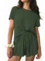Ribbed knit short sleeve top and drawstring shorts lounge set in deep green, casual detail. - S / Dark Green