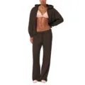 Brown women's fleece zip-up hoodie and wide-leg lounge sweatpants set variant item - S / Top And Bottom / Brown