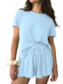 Ribbed knit short sleeve top and drawstring shorts lounge set detail view, light blue color. - S / Light Blue