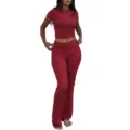 Women Casual Two Piece Red Outfit Crop Top And High Waist Flare Pants Variant Style - M / Top And Bottom / Red