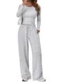 Women Grey Casual Sweatshirt Wide Leg Pants Set Solid Color Long Sleeve Lounge Wear - 2XL / Top And Bottom / Light Gray