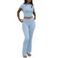 Women casual two piece set short sleeve crop top and high waist flared yoga pants outfit. - M / Top And Bottom / Aqua
