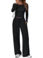Black long sleeve crop top and loose sweatpants set, stylish casual athletic wear for women. - 2XL / Top And Bottom / Burgundy