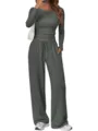 Dark green long sleeve top and loose pants loungewear set for women casual activewear daily use. - 2XL / Top And Bottom / Dark Gray