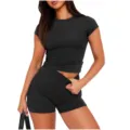 Women Summer Solid Black Short Sleeve Crop Top And Biker Shorts Workout Two Piece Set - S / Top And Bottom / Black