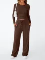 Women solid color long sleeve lounge set casual two piece tracksuit comfortable brown outfit - 2XL / Top And Bottom / Dark Coffee