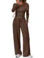 Solid color long sleeve crop top and wide leg pants set for women, cozy casual outfit. - XS / Top And Bottom / Coffee Brown