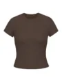 Solid brown short sleeve crewneck slim fit t-shirt basic top for women, casual style variant - S / Tops / Black