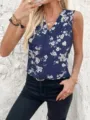 Blauwe bloemrijke mouwloze V-hals tanktop, casual losse trui voor dames in de zomer. - Blauwgrijs
