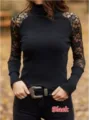 Top noir femme à col montant et manches longues en dentelle élégante pour automne. - XS / Noir