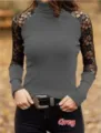 Femme élégant col roulé dentelle manches longues gris haut casual slim t-shirt - XS / Gris