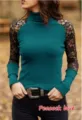 Top collo alto pizzo manica lunga donna slim fit abbigliamento casual dettaglio - Blu-Verde