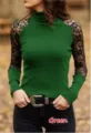 Haut à col montant et manches longues en dentelle, coupe slim pour style quotidien vue. - XS / Vert