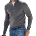 Detailed view of men's gray half-zip knit sweater, featuring premium texture and comfortable fit. - S / Gray