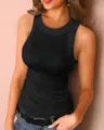Women casual ribbed tank top slim fit sleeveless crew neck basic solid color summer vest - Black