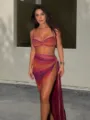 Damen Sommer sexy Farbverlauf Print Bikini Set mit hochgeschlitztem Wickel Maxirock - S / Top Und Unterteil / Rot