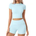 Hellblau geripptes Kurzarm Crop Top und hochtaillierte Shorts Set Damen Sommer Freizeit. - Hellblau