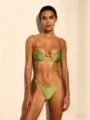 Detailed view of green metallic two-piece bikini with hollow-out design and metal ring accents. - S / Green