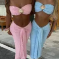 Damen Zweiteiler Set Bandeau Top und Midirock mit Muschel Dekor schicke Sommer Strandbekleidung - S / Oberteil Und Unterteil / Himmelblau Set