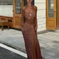 Damen Zweiteiler Set trägerloses Bandeau Oberteil und langer Rock Sommer Outfit elegant - S / Oberteil Und Unterteil / Kaffee Set