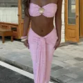 Pink textured two piece set women strapless crop top and front tie midi skirt chic outfit - Pink Set