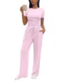 Women pink short sleeve top and wide leg lounge pants set casual two piece matching outfit - S / Top And Bottom / Pink