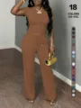 Einfarbiges Freizeit-Zweiteiler-Set mit Crop-Top und hochtaillierter Palazzo-Hose - XS / Oben Und Unten / Erdgelb
